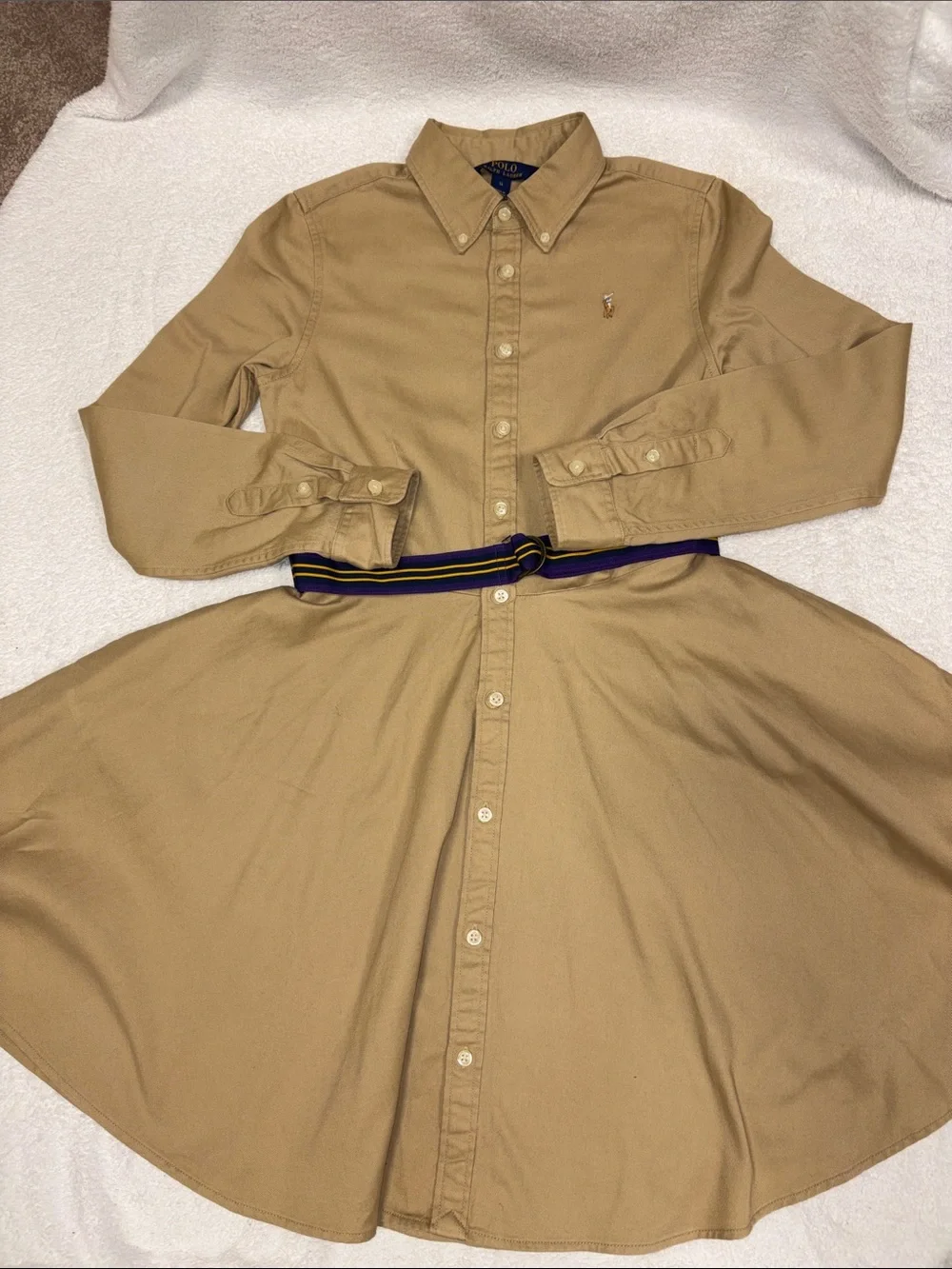 Ralph Lauren Khaki Button-Down Shirt Dress purple Yellow Stripe Belt girls 14